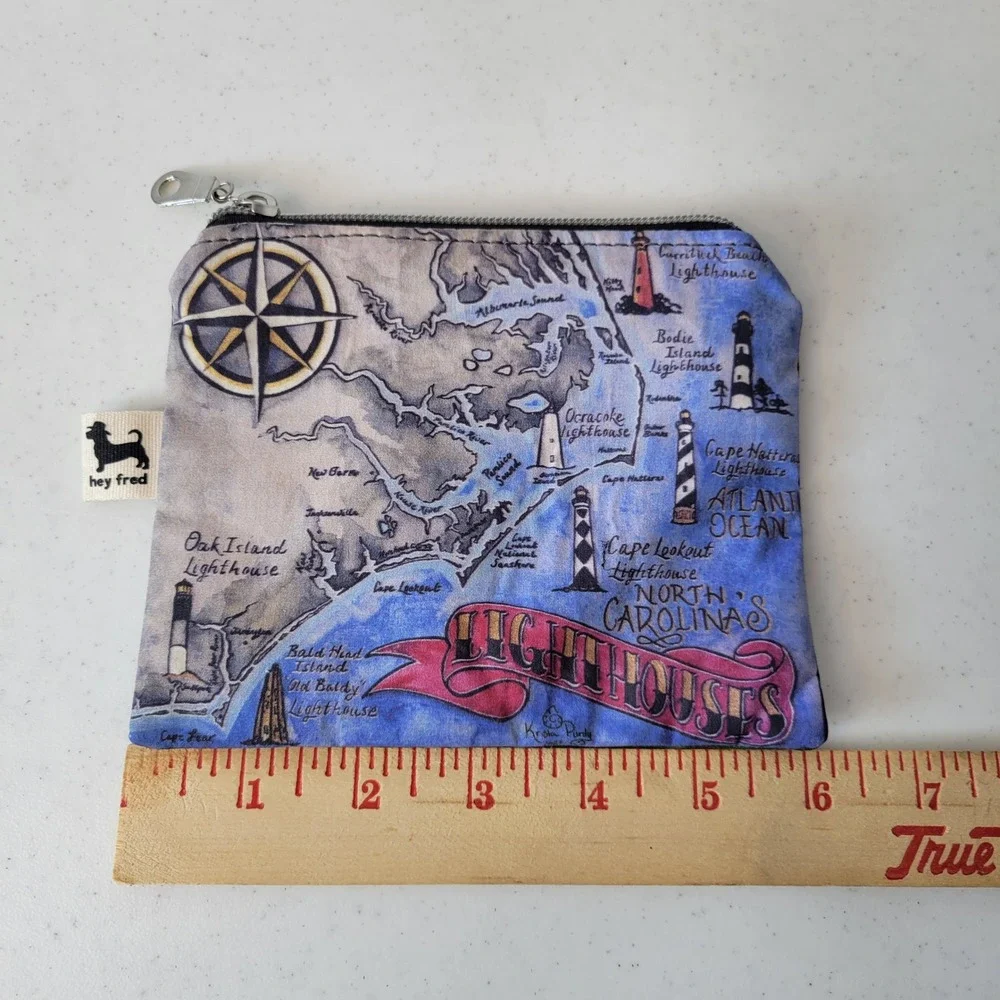 Hey Fred Zipper Pouch Unisex Small Blue North Carolina Lighthouses Waxed Canvas